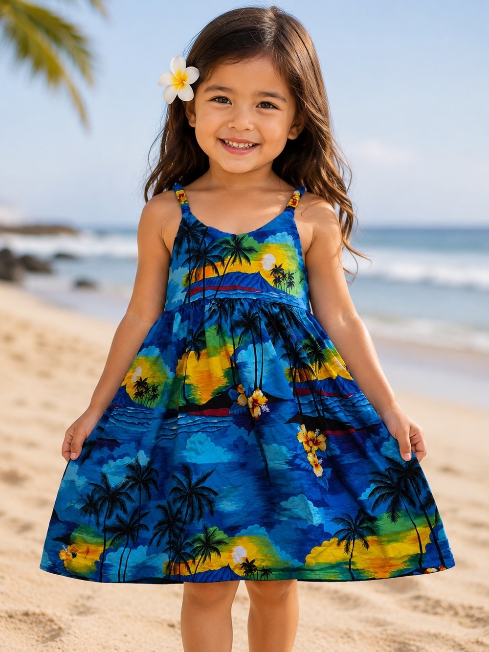 Girls Blue Tropical Print Sundress with Palm Motif